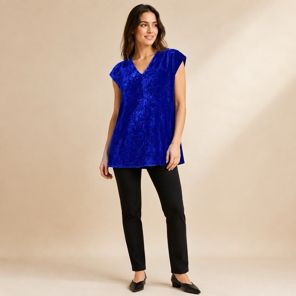 Eileen Fisher Tops - Eileen Fisher M Royal Blue Silk Rayon Velvet Tunic Top V Neck Cap Sleeve